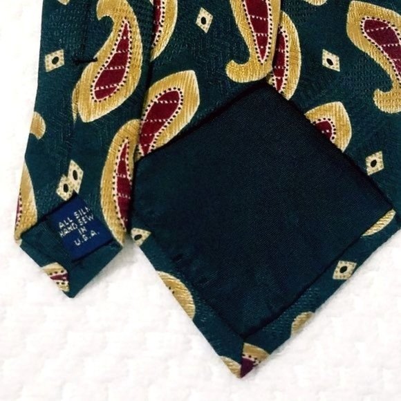 Mens GJ Cahn Green Maroon Paisley Print Silk Necktie - Picture 3 of 3
